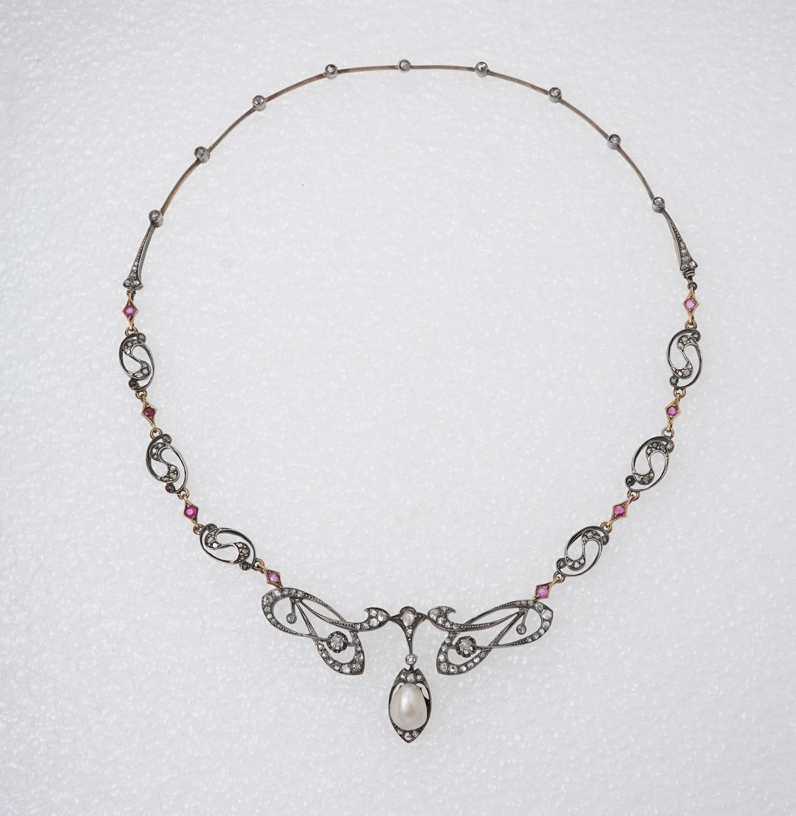 An Art Nouveau ruby, pearl and diamond necklace, France, early 20th century